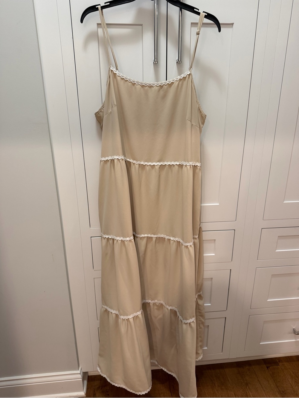 Beige Tiered Spaghetti-Strap Ric Rac Maxi Dress